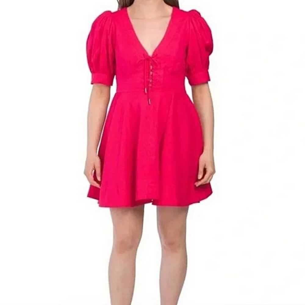 HOUSE OF HARLOW 1960 Fuschia Pink Fit Flare Puff Sleeve Linen Blend Dress